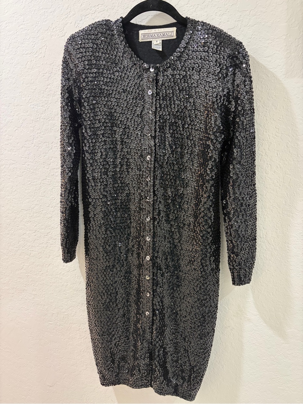 Norma Kamali Black Sequin Long-Sleeve Button Front Dress